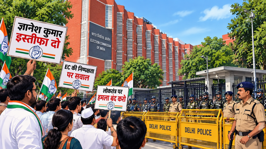 Protest Against Gyanesh Kumar: ज्ञानेश कुमार इस्तीफा मांग को लेकर दिल्ली में कांग्रेस प्रदर्शन, EC के बाहर सुरक्षा बढ़ी Protest Against Gyanesh Kumar