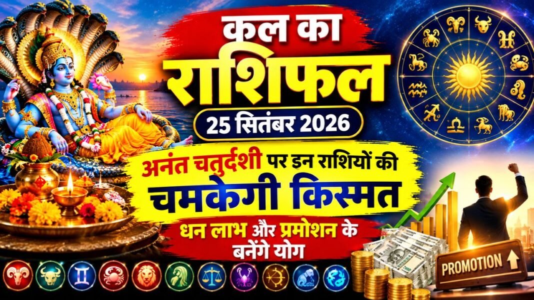 Kal Ka Rashifal 25 September 2026: अनंत चतुर्दशी पर इन राशियों की चमकेगी किस्मत, धन लाभ और प्रमोशन के बनेंगे योग Kal Ka Rashifal 25 September 2026