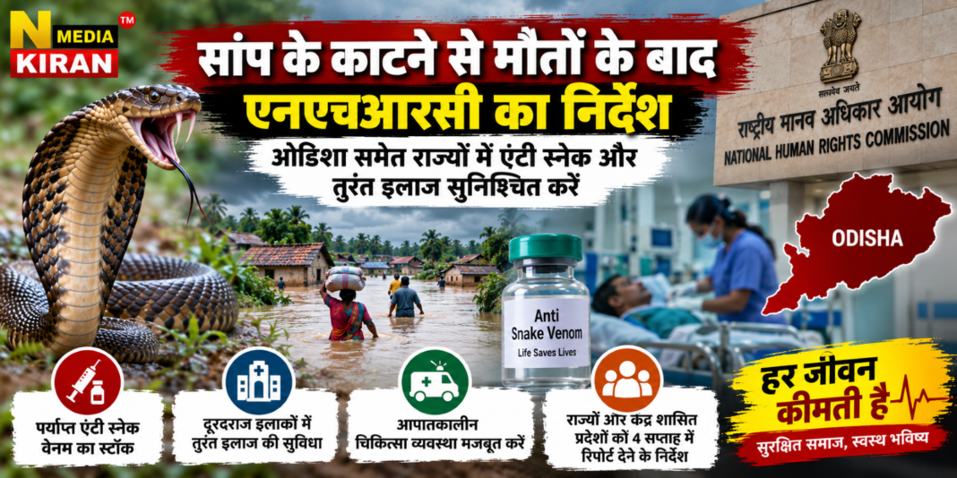 Odisha News: सांप के काटने से मौतों के बाद एनएचआरसी का निर्देश, ओडिशा समेत राज्यों में एंटी स्नेक और तुरंत इलाज सुनिश्चित करें Odisha News: सांप के काटने से मौतों के बाद एनएचआरसी का निर्देश, ओडिशा समेत राज्यों में एंटी स्नेक और तुरंत इलाज सुनिश्चित करें