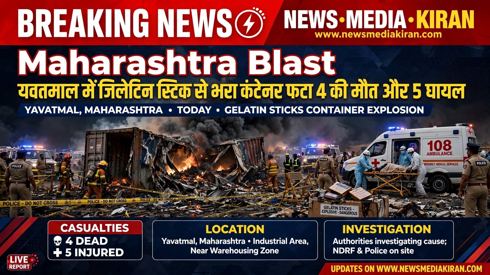 Maharashtra Blast: यवतमाल में जिलेटिन स्टिक से भरा कंटेनर फटा, 4 की मौत और 5 घायल