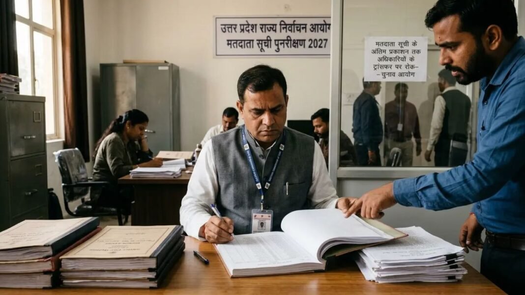 यूपी में SIR 2027 के दौरान अधिकारियों के ट्रांसफर पर रोक, चुनाव आयोग सख्त UP SIR 2027: वोटर लिस्ट चेक करते अधिकारी (Ai)